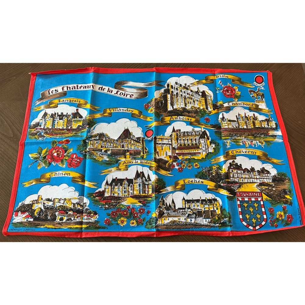 Vintage Creation J. Franco France Chateaux de la Loire Cotton Tea Towel Tour Map